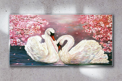 Swan Love in a Blooming Orchard Glass Wall Art