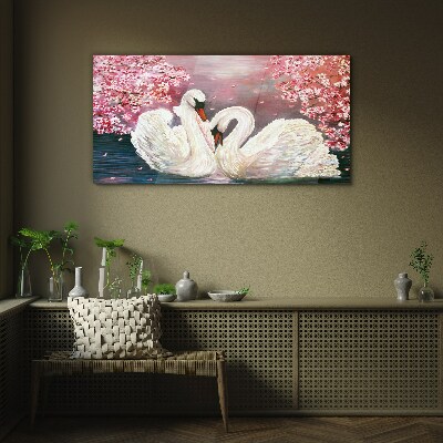 Swan Love in a Blooming Orchard Glass Wall Art