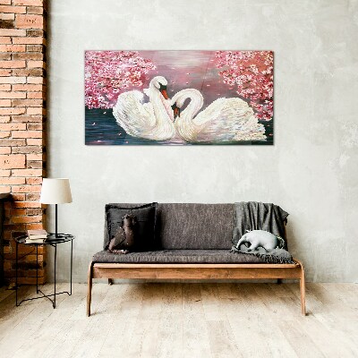 Swan Love in a Blooming Orchard Glass Wall Art