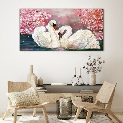 Swan Love in a Blooming Orchard Glass Wall Art