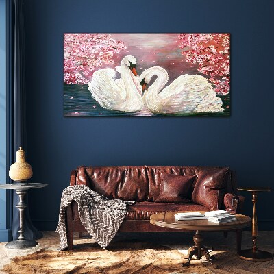 Swan Love in a Blooming Orchard Glass Wall Art