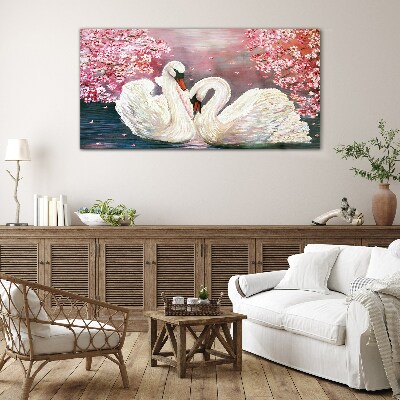 Swan Love in a Blooming Orchard Glass Wall Art