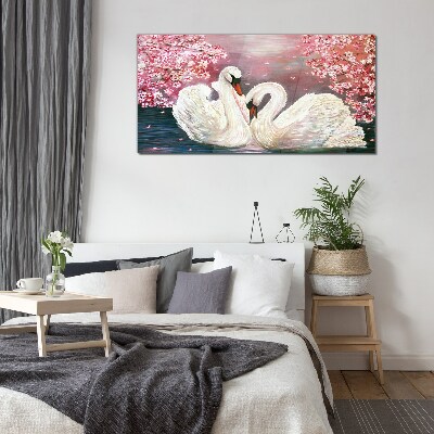 Swan Love in a Blooming Orchard Glass Wall Art