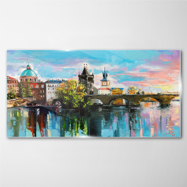 Prague in the colors of sunset Glass Wall Art