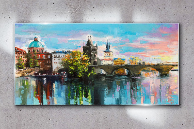 Prague in the colors of sunset Glass Wall Art
