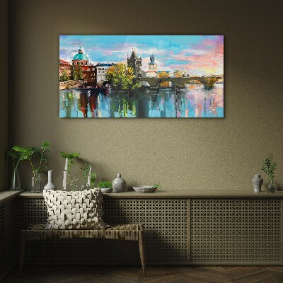 Prague in the colors of sunset Glass Wall Art
