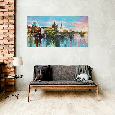 Prague in the colors of sunset Glass Wall Art