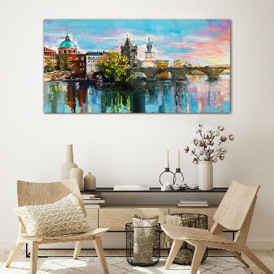 Prague in the colors of sunset Glass Wall Art