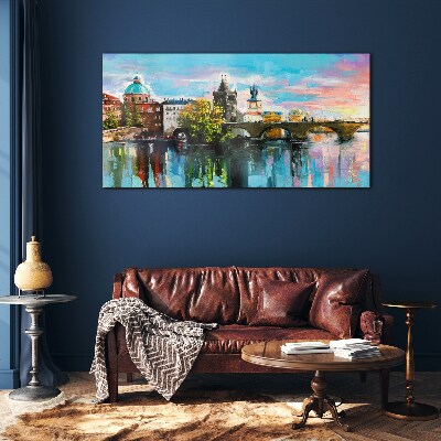 Prague in the colors of sunset Glass Wall Art