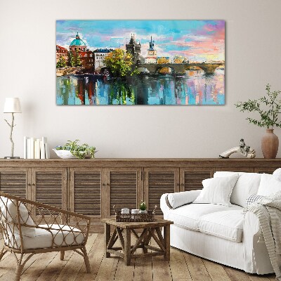 Prague in the colors of sunset Glass Wall Art