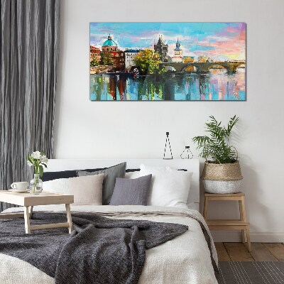 Prague in the colors of sunset Glass Wall Art