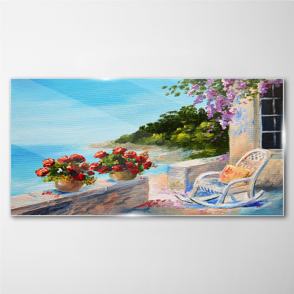 Flowers and sea in a sunny landscape Glass Print