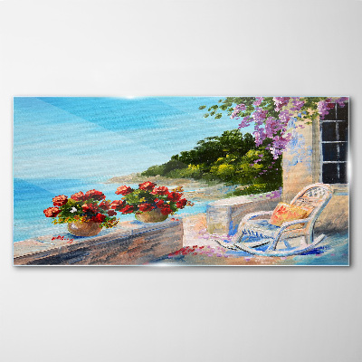 Flowers and sea in a sunny landscape Glass Print