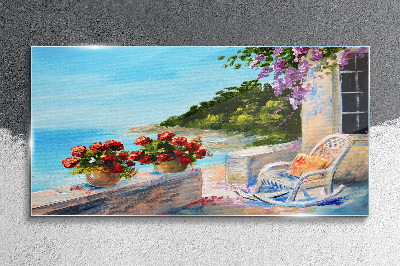 Flowers and sea in a sunny landscape Glass Print