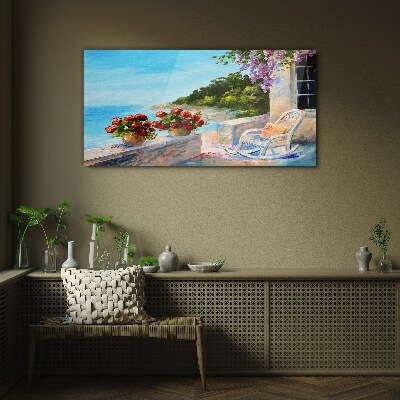 Flowers and sea in a sunny landscape Glass Print