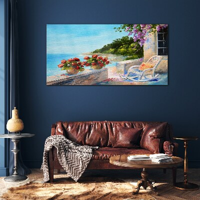 Flowers and sea in a sunny landscape Glass Print