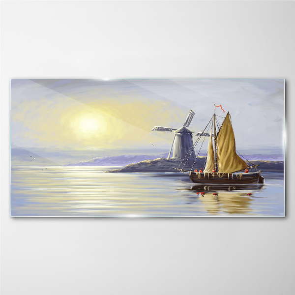 A quiet port at sunset Glass Wall Art