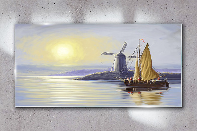 A quiet port at sunset Glass Wall Art
