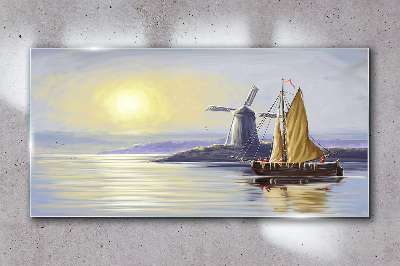 Sea ship the sun mill Glass Wall Art