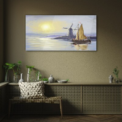 A quiet port at sunset Glass Wall Art