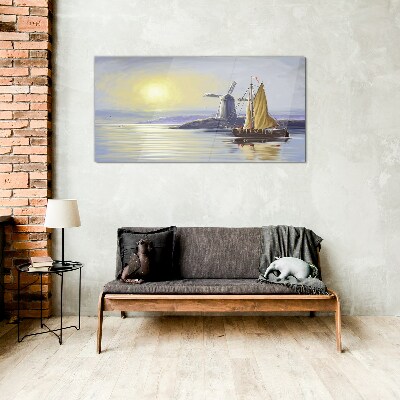 A quiet port at sunset Glass Wall Art