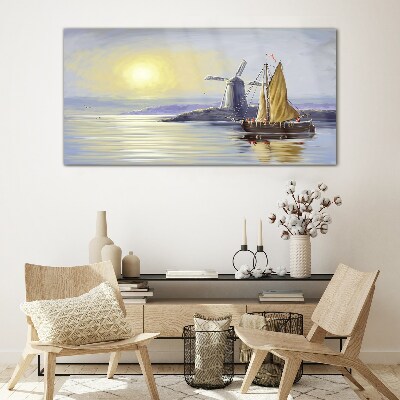 A quiet port at sunset Glass Wall Art