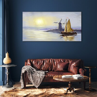 A quiet port at sunset Glass Wall Art