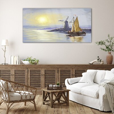 A quiet port at sunset Glass Wall Art
