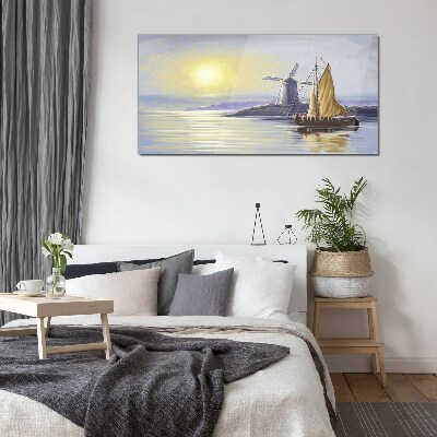 A quiet port at sunset Glass Wall Art