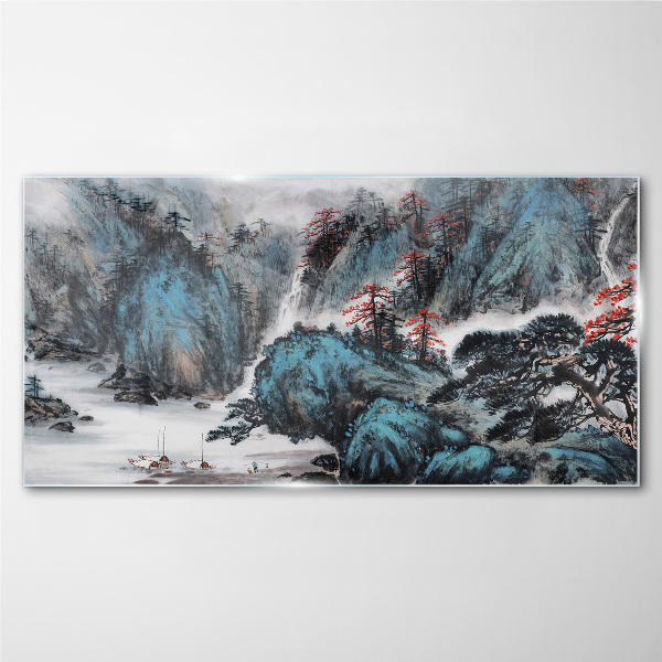 Peaceful mountain landscape with waterfall Glass Wall Art