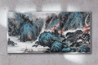 Peaceful mountain landscape with waterfall Glass Wall Art