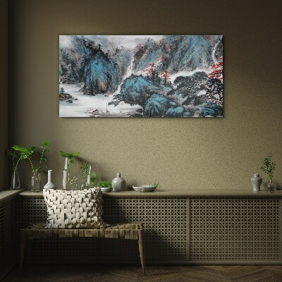 Peaceful mountain landscape with waterfall Glass Wall Art