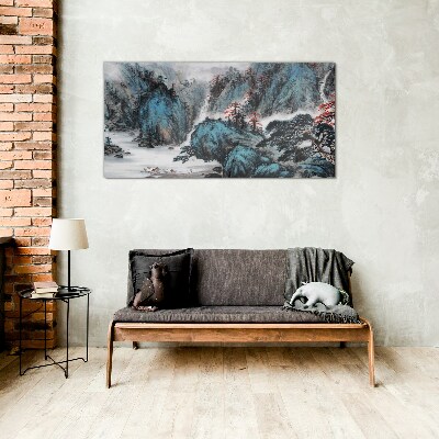 Peaceful mountain landscape with waterfall Glass Wall Art