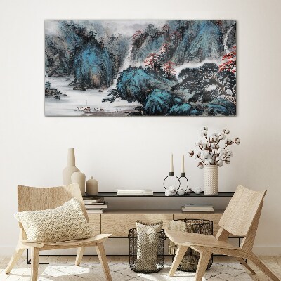Peaceful mountain landscape with waterfall Glass Wall Art