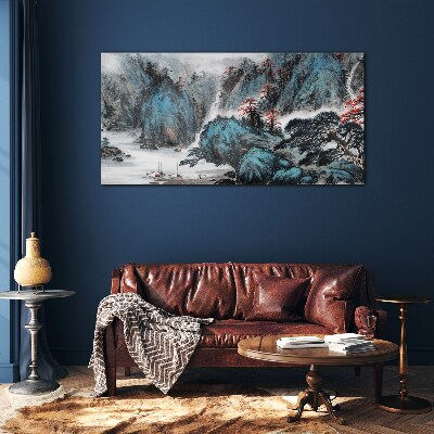 Peaceful mountain landscape with waterfall Glass Wall Art