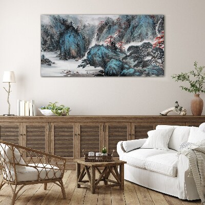 Peaceful mountain landscape with waterfall Glass Wall Art