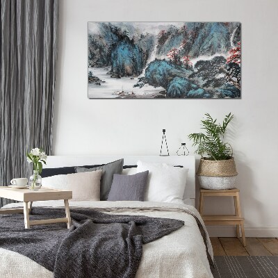 Peaceful mountain landscape with waterfall Glass Wall Art
