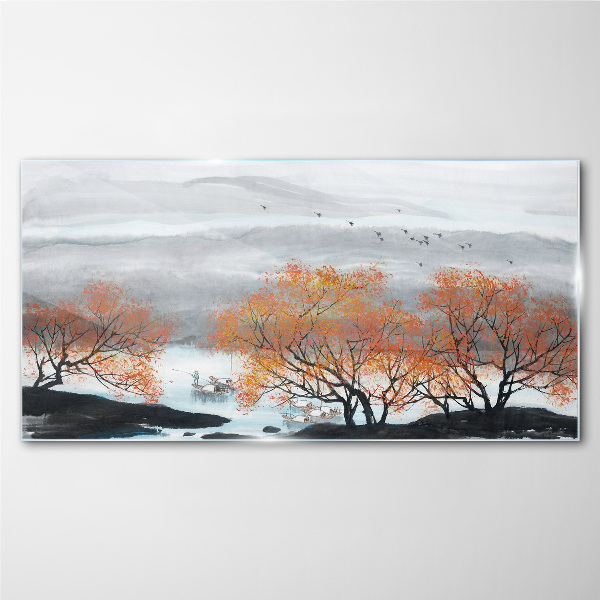 Autumn fog over the lake Glass Wall Art