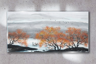 Autumn fog over the lake Glass Wall Art