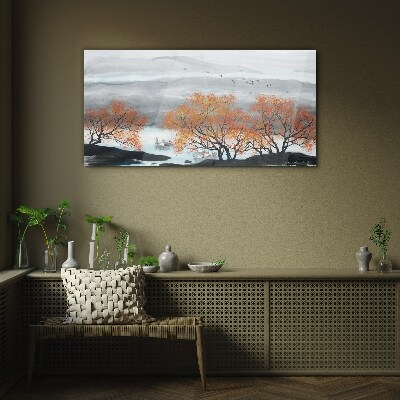 Autumn fog over the lake Glass Wall Art
