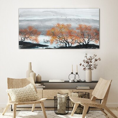 Autumn fog over the lake Glass Wall Art
