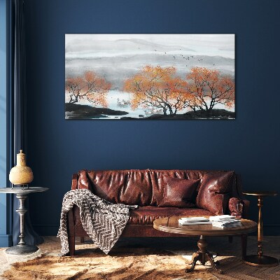 Autumn fog over the lake Glass Wall Art
