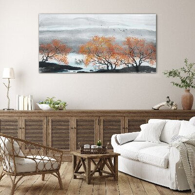 Autumn fog over the lake Glass Wall Art