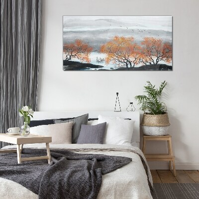 Autumn fog over the lake Glass Wall Art
