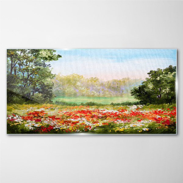 Floral landscape of a summer morning Glass Wall Art
