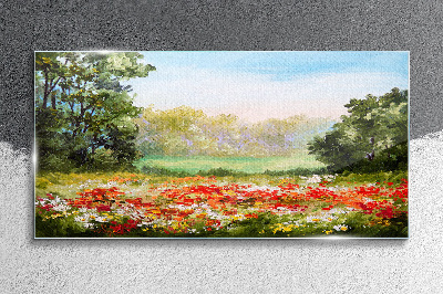 Floral landscape of a summer morning Glass Wall Art