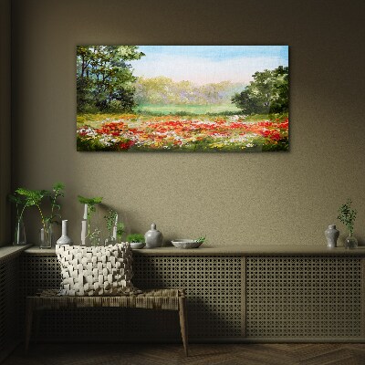 Floral landscape of a summer morning Glass Wall Art