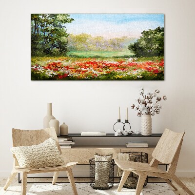 Floral landscape of a summer morning Glass Wall Art