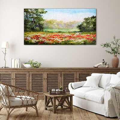 Floral landscape of a summer morning Glass Wall Art
