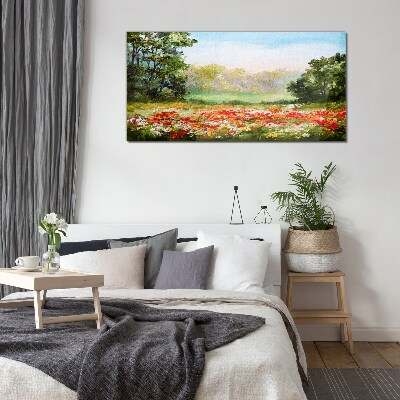 Floral landscape of a summer morning Glass Wall Art